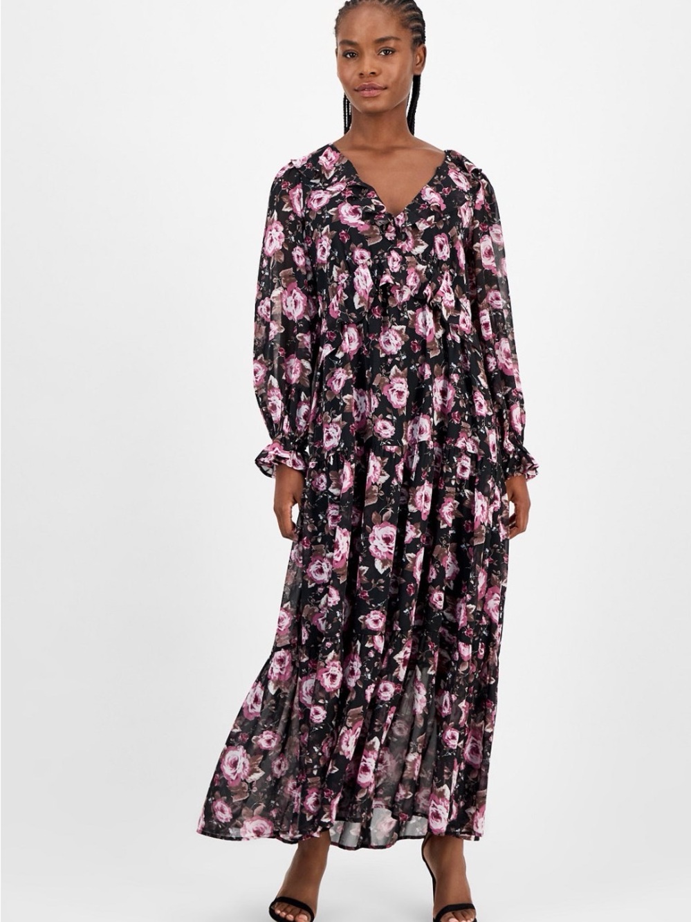 Black & Pink Floral Maxi Dress with Ruffle V-Neck